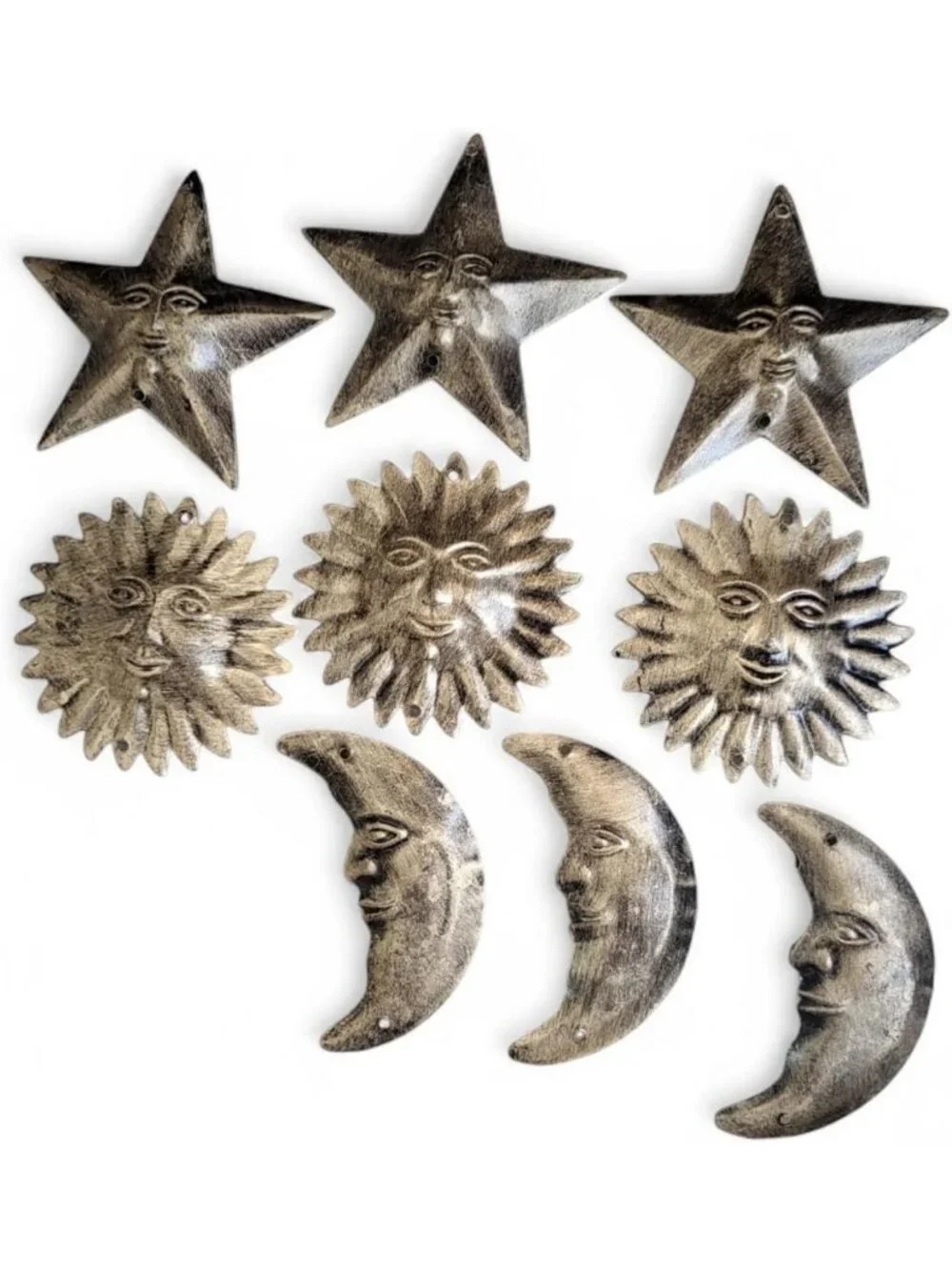 Rustic Sun Moon Star Metal Wall Art Set | 9 Piece Antique Gold Decor for Boho
